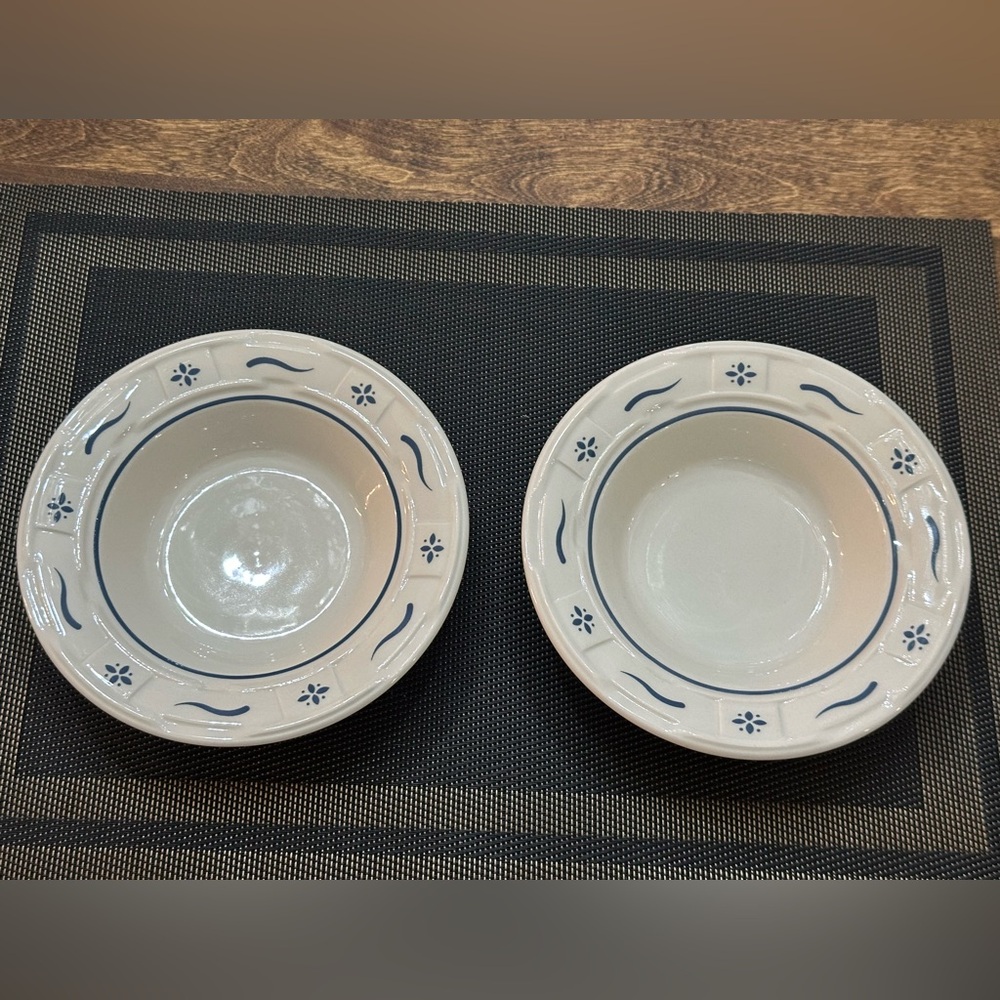 2 Longaberger Pottery USA Soup Salad bowls Classic Blue Woven Tradition